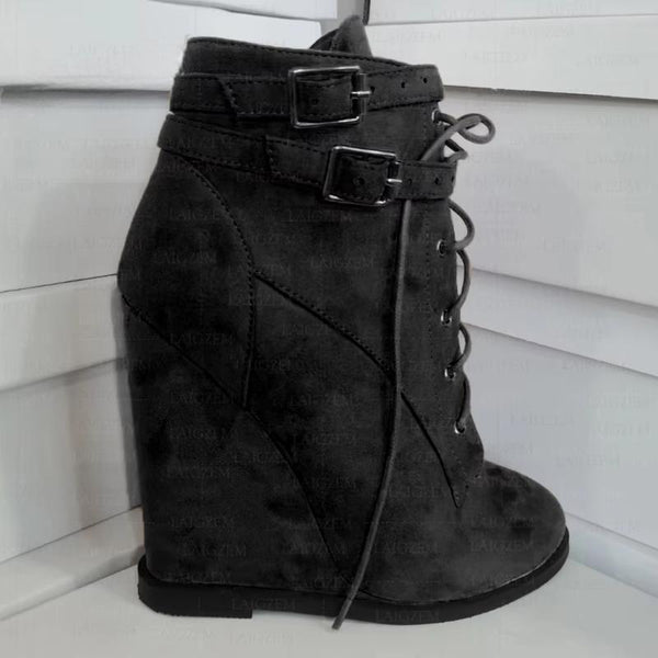 Women Ankle Boots Wedges High Heels Round Toe Faux Suede Side Zip Short Booties