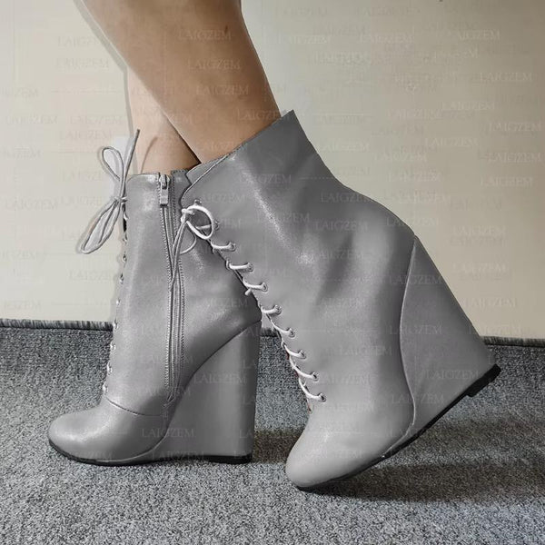 Women Ankle Boots Wedges High Heels Round Toe  Side Zip Short Booties