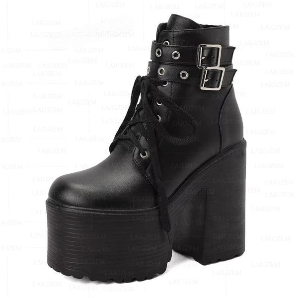 Platform Side Zip Up 14CM Chunky Thick High Heels Short Boots Handmade Shoes