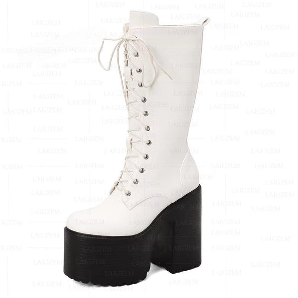 Women Calf Boots Platform Side Zip Up 14CM Chunky Thick High Heels Boots