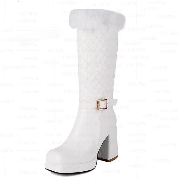 Calf Boots Platform Side Zip Up 9CM Chunky Thick High Heels Boots Handmade Ladies Shoes