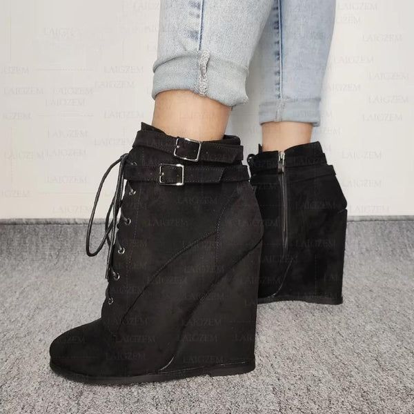 Women Ankle Boots Wedges High Heels Round Toe Faux Suede Zip Up Short Booties