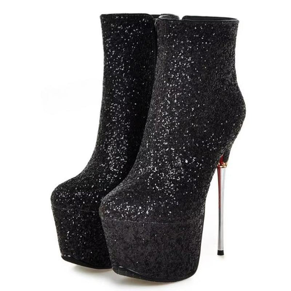 Celebrity Sequined Women Ankle Booties Metal Stiletto Heel Zip Short Boots