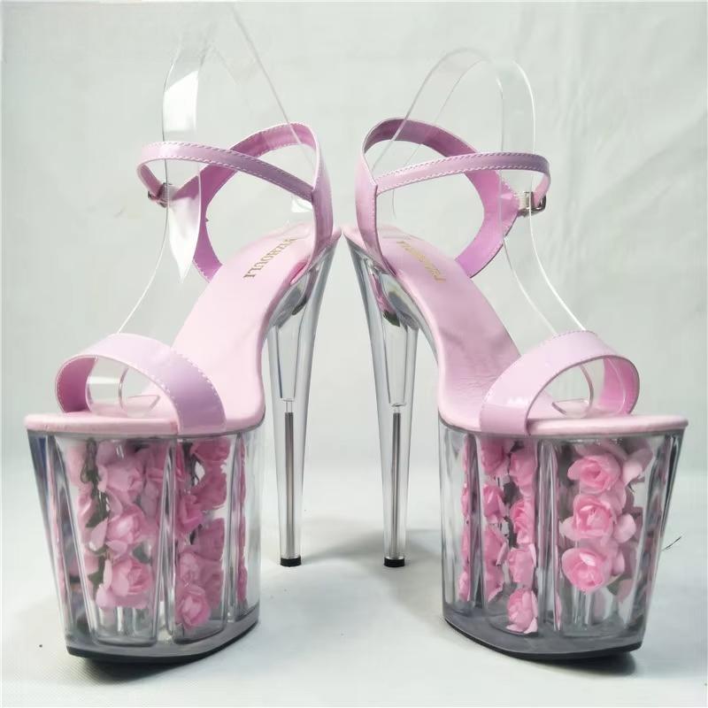 Noble  pink rose decoration platform transparent sandals