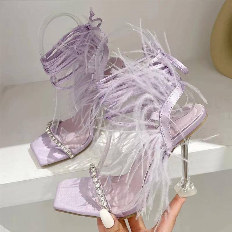 New Design Womens Sandals Fashion Fuzzy Feather Summer Transparent High Heels