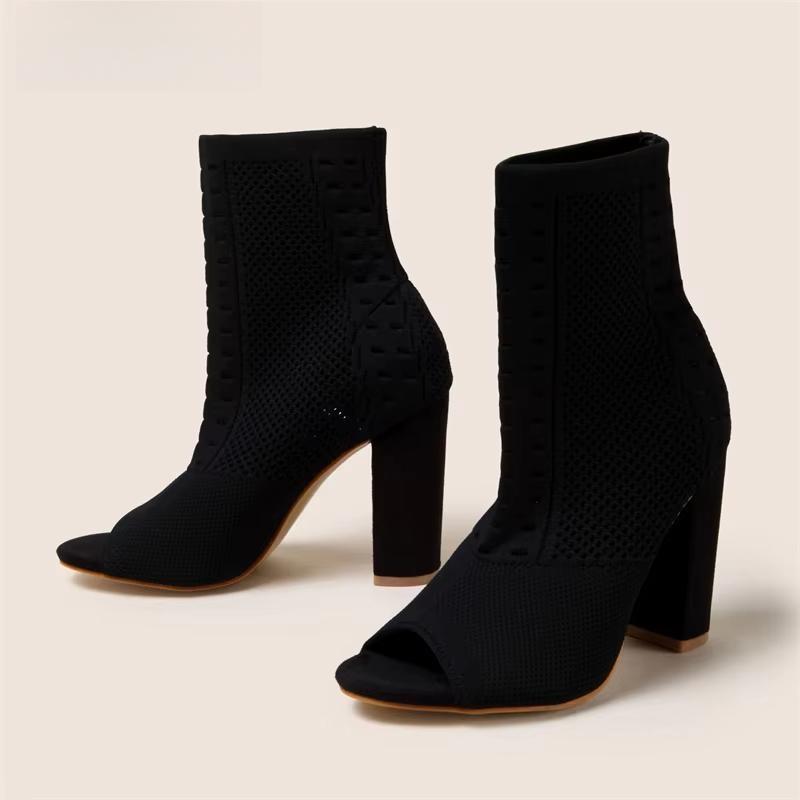 Spring Autumn Fashion Peep Toe  Knitted Stretch Fabric Socks Boots Women Square High Heels