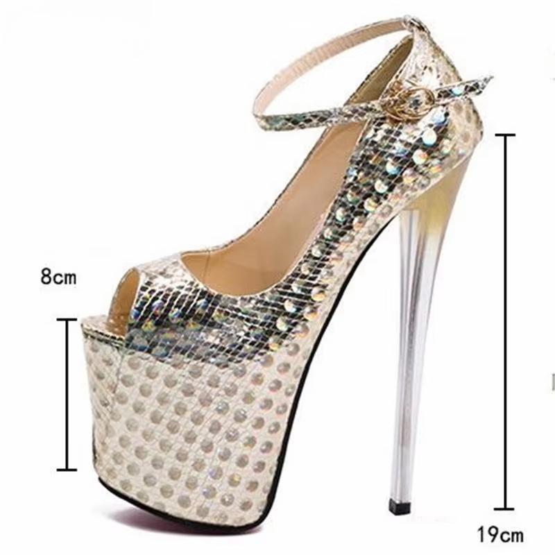 Fashion Patent Leather Stiletto 19cm Thin High Heels Platform Shoes Buckle Women