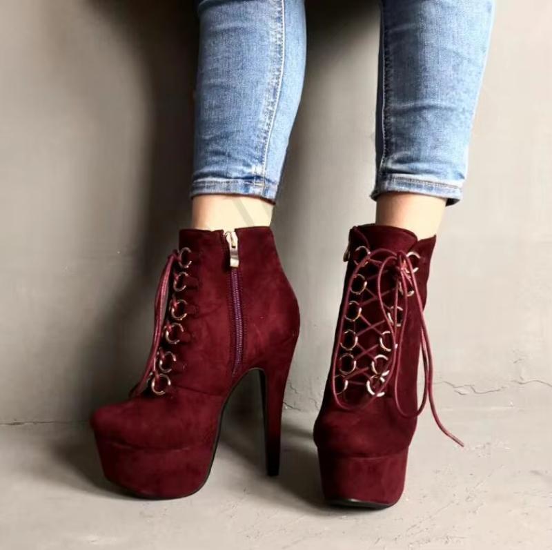 Faux Suede Platform High Heel Zipper Boots Wine Red Black Ladies Botines