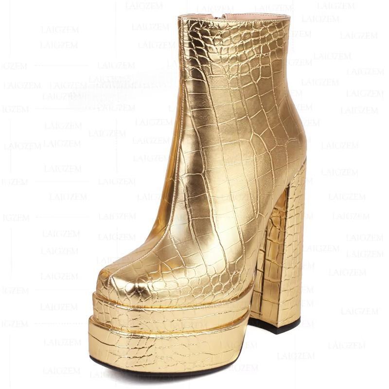 Crocodile Print Platfrom Zip Up Block Thick High Heels Female Shoes Woman