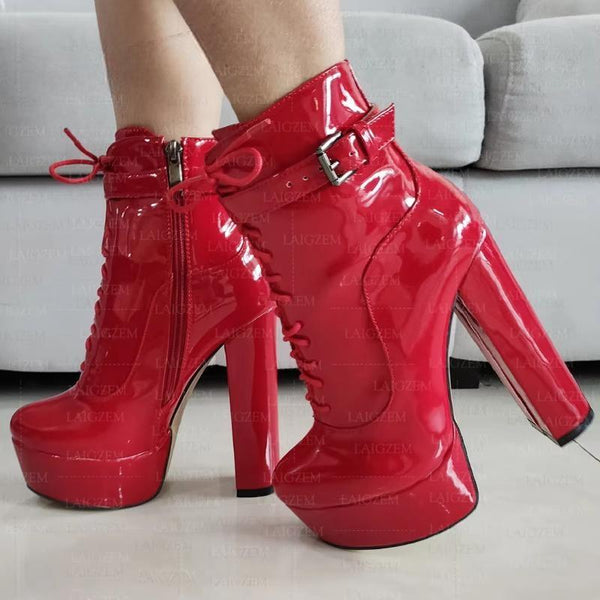 Women  Platform Zip Up Thick High Heels Shiny Short Booties