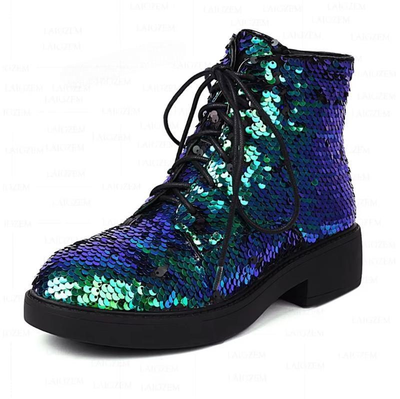 Bling Glitter Round Toe Low Heels Round Toe Short Booties Ladies Shoes