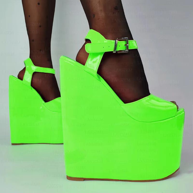 Platform Wedges 22CM Neon Colors Ankle Strap Pumps Height Increase Shoes