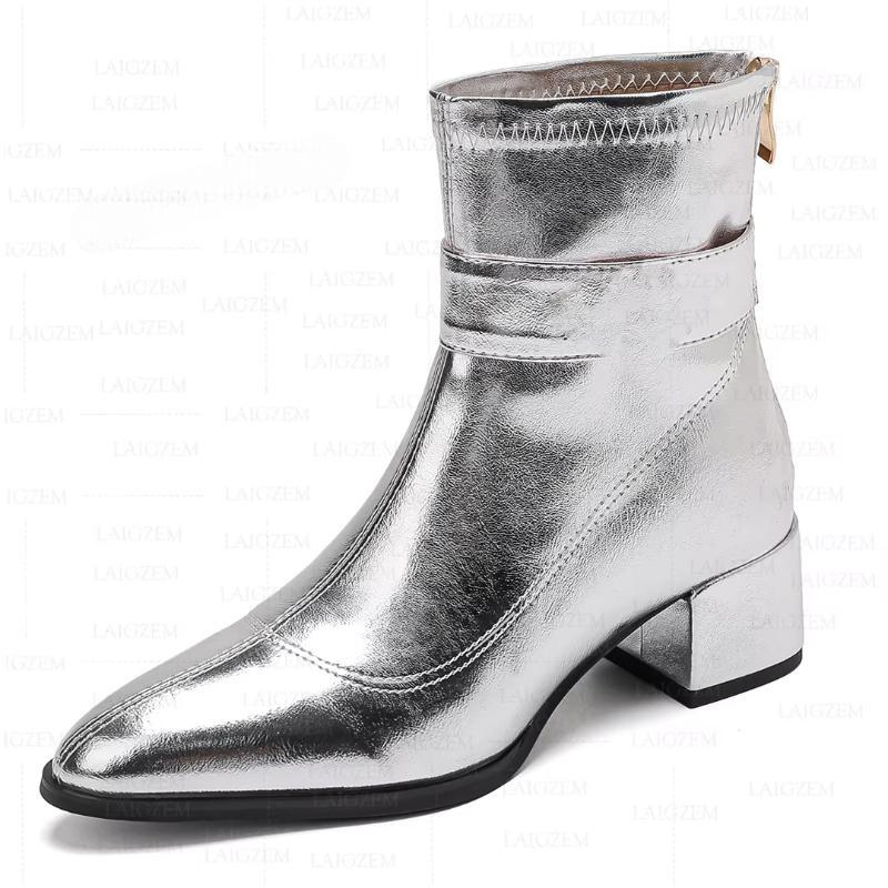 Back Zip Up Pointed Toe 5CM Thick High Heels Short Boots Handmade Shoes