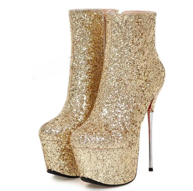 Celebrity Sequined Women Ankle Booties Metal Stiletto Heel Zip Short Boots