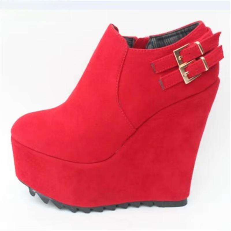 RED Round Toe Ankle Boots 15cm High-Heeled Wedges platform party shoes woman