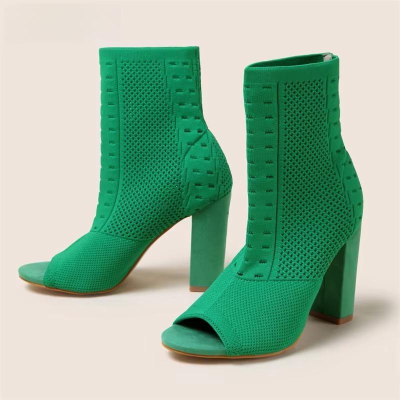 Spring Autumn Fashion Peep Toe  Knitted Stretch Fabric Socks Boots Women Square High Heels