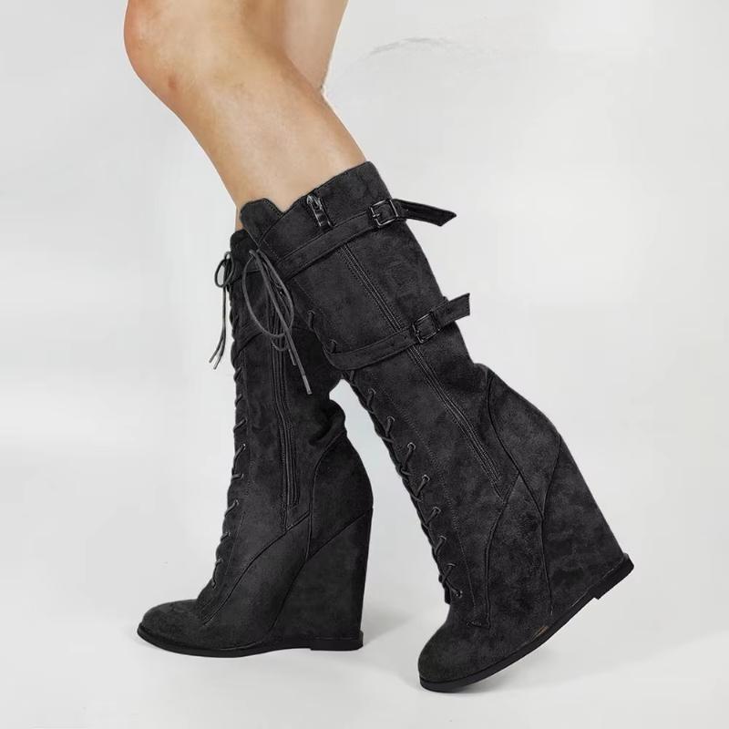 Women Calf High Boots Side Zip Faux Suede Wedges Wide Calf Friendly Boots