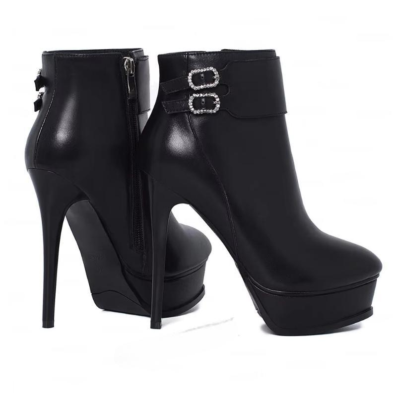 FASHION Women Ankle Platform Boots Side Zip Real Leather Thin High Heels Booties