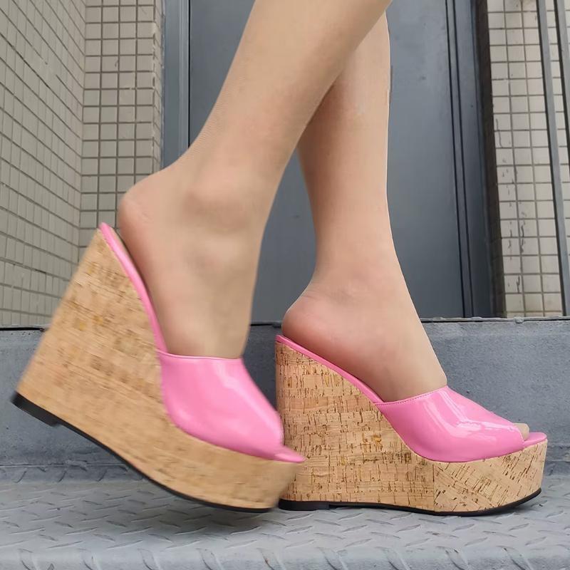 Women Platform Wedges Shiny Sandals Peep Toe Cork Print Height