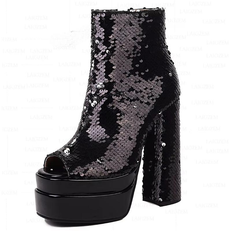 Bling Glitter Thick High Heels Peep Toe Short Boots Zip Up Ladies Party Shoes