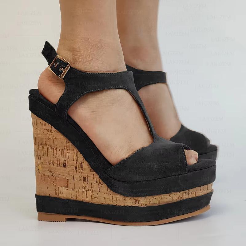 Faux Suede Platform Peep Toe Wedges Pumps Ankle Strap Height Increasing Shoes