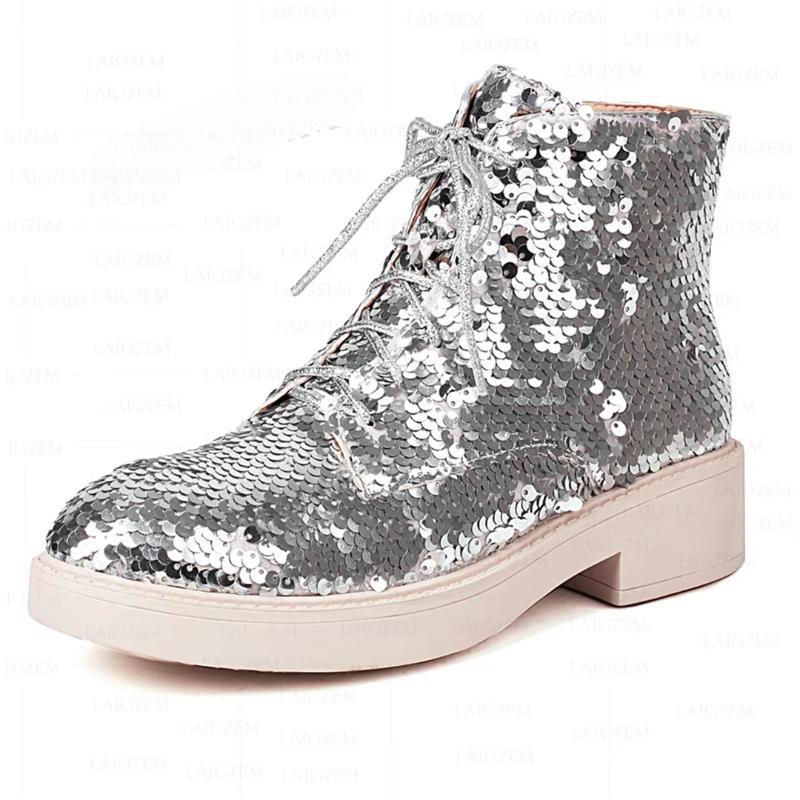 Bling Glitter Round Toe Low Heels Round Toe Short Booties Ladies Shoes