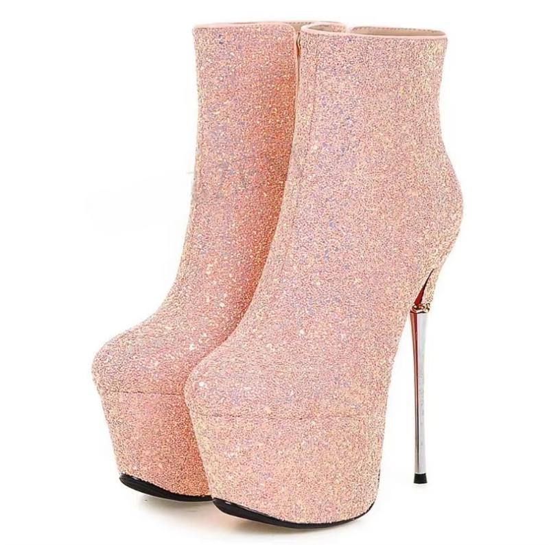 Celebrity Sequined Women Ankle Booties Metal Stiletto Heel Zip Short Boots