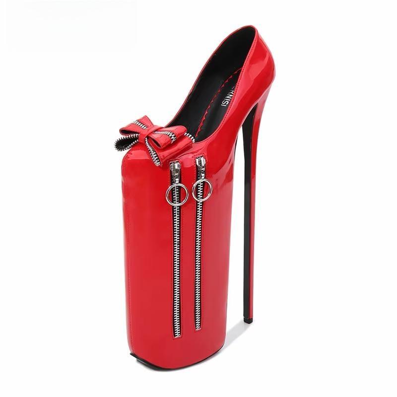 Stiletto Bowtie shoes woman Fetish 30cm Ultra high thin heels 20cm platforms Steel