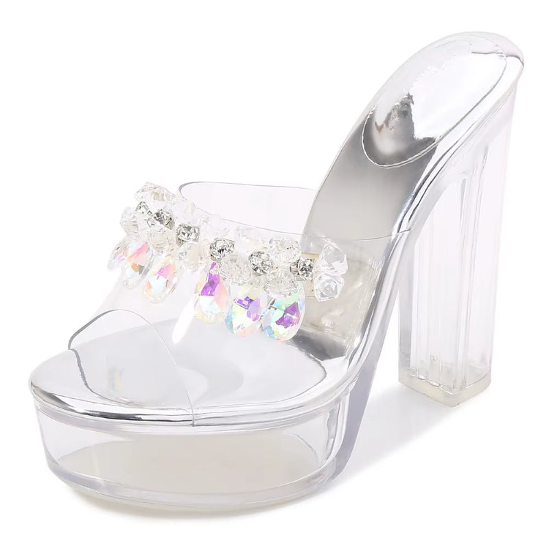 Summer female sandals transparent crystal woman Rhineston shoes 13cm thick heels