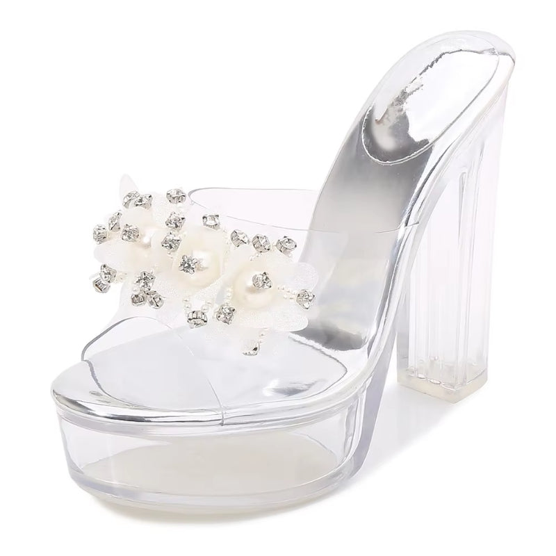 Summer female sandals transparent crystal women Rhineston shoes 13cm thick heels