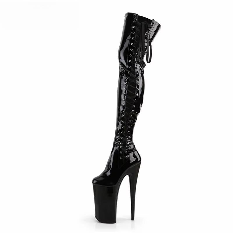 Spring Autumn 23cm thin heels side zipper CD pumps japanned leather over-the-knee Motorcycle boots