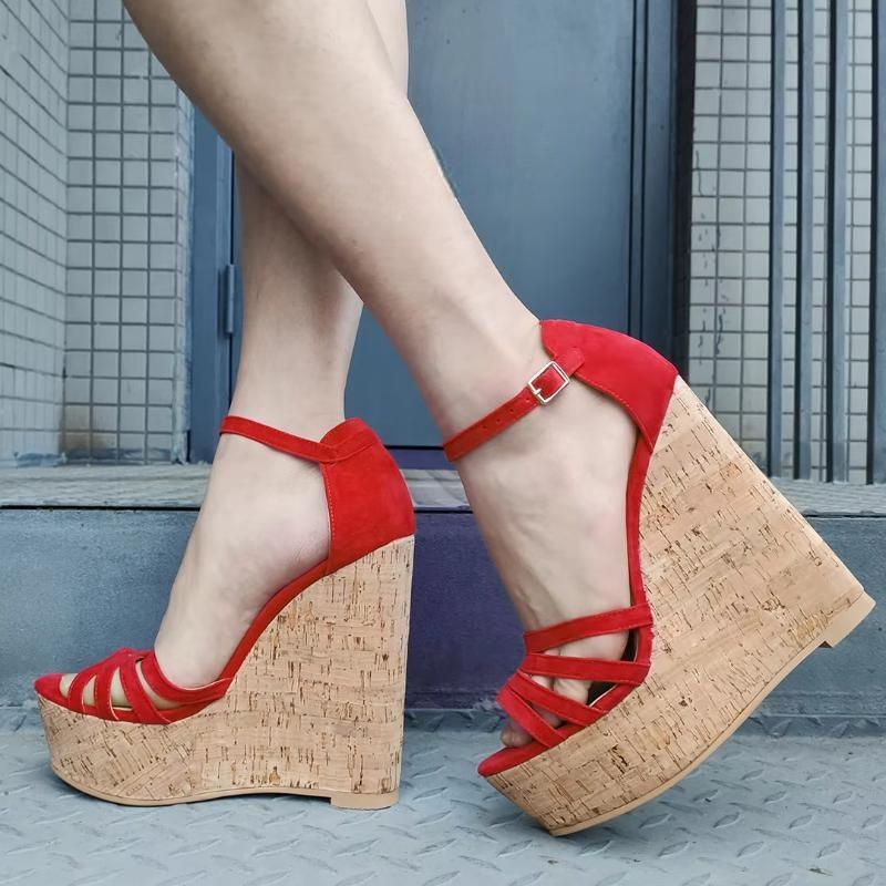 Women Sandals Platform Wedges Strappy Height Increasing Faux Suede Shoes