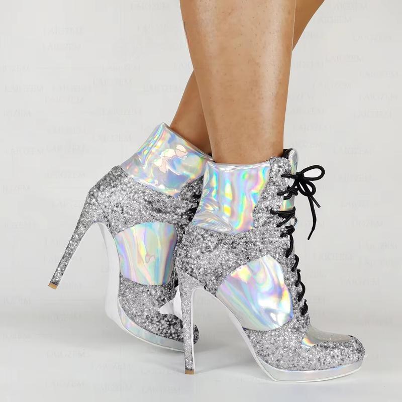 Bling Glitter Women Ankle Boots Lace Up Stiletto High Heels Short Booties