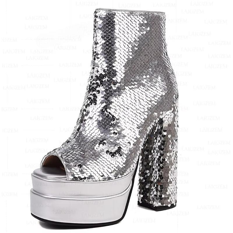 Bling Glitter Thick High Heels Peep Toe Short Boots Zip Up Ladies Party Shoes