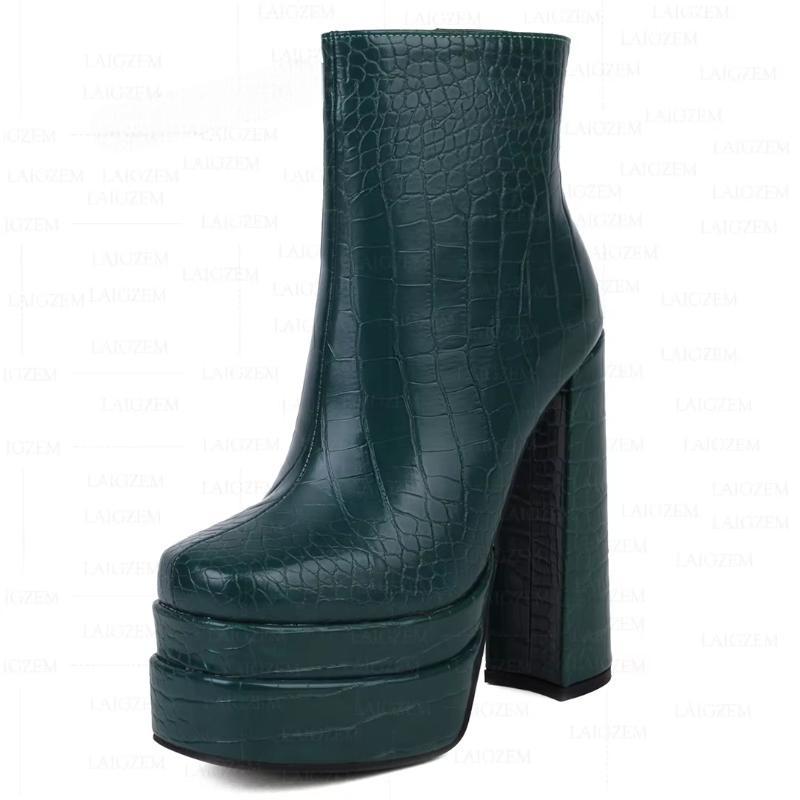 Crocodile Print Platfrom Zip Up Block Thick High Heels Female Shoes Woman