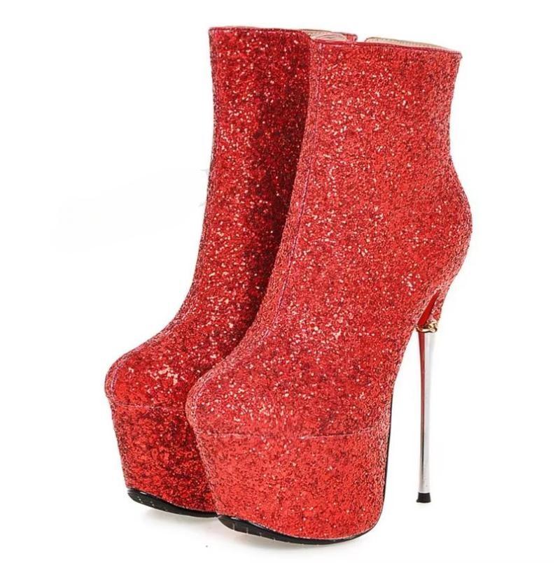 Celebrity Sequined Women Ankle Booties Metal Stiletto Heel Zip Short Boots