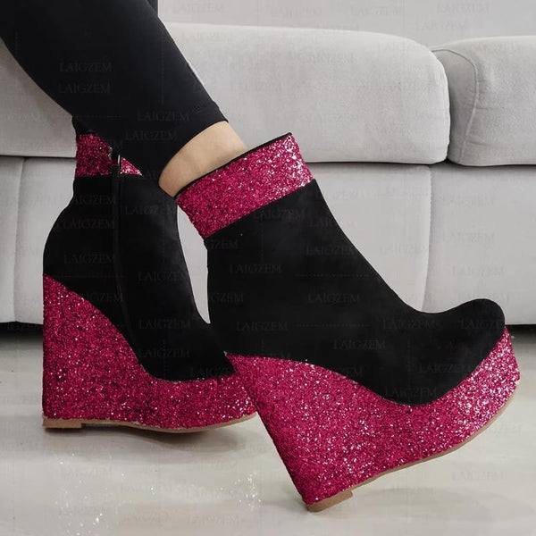 Women  Platform Wedges Bling Glitter Faux Suede Short Boots