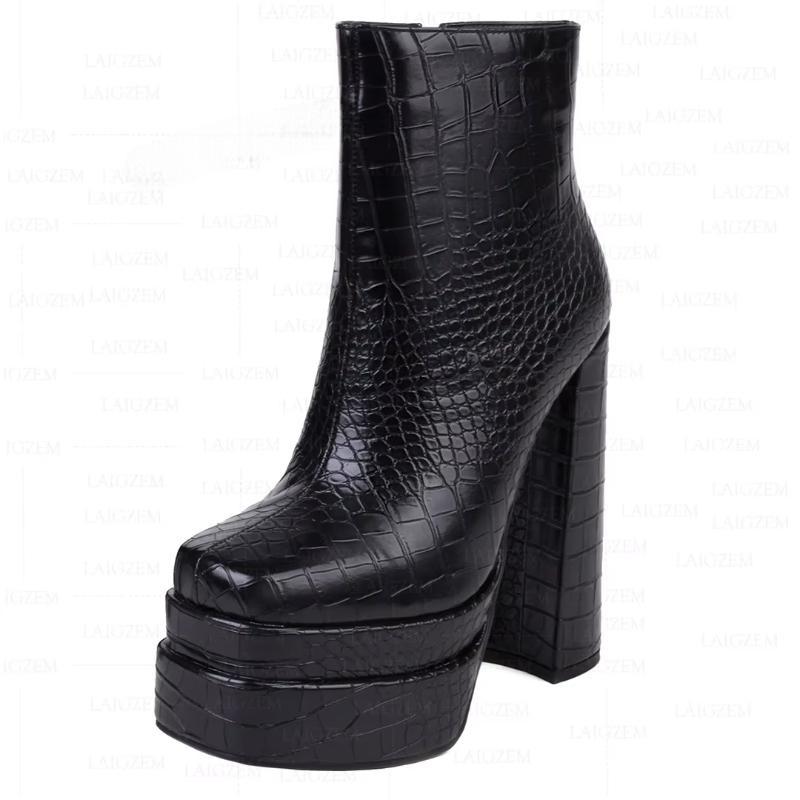 Crocodile Print Platfrom Zip Up Block Thick High Heels Female Shoes Woman