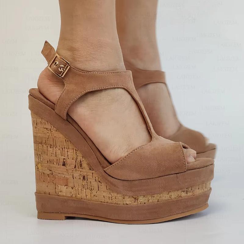 Faux Suede Platform Peep Toe Wedges Pumps Ankle Strap Height Increasing Shoes