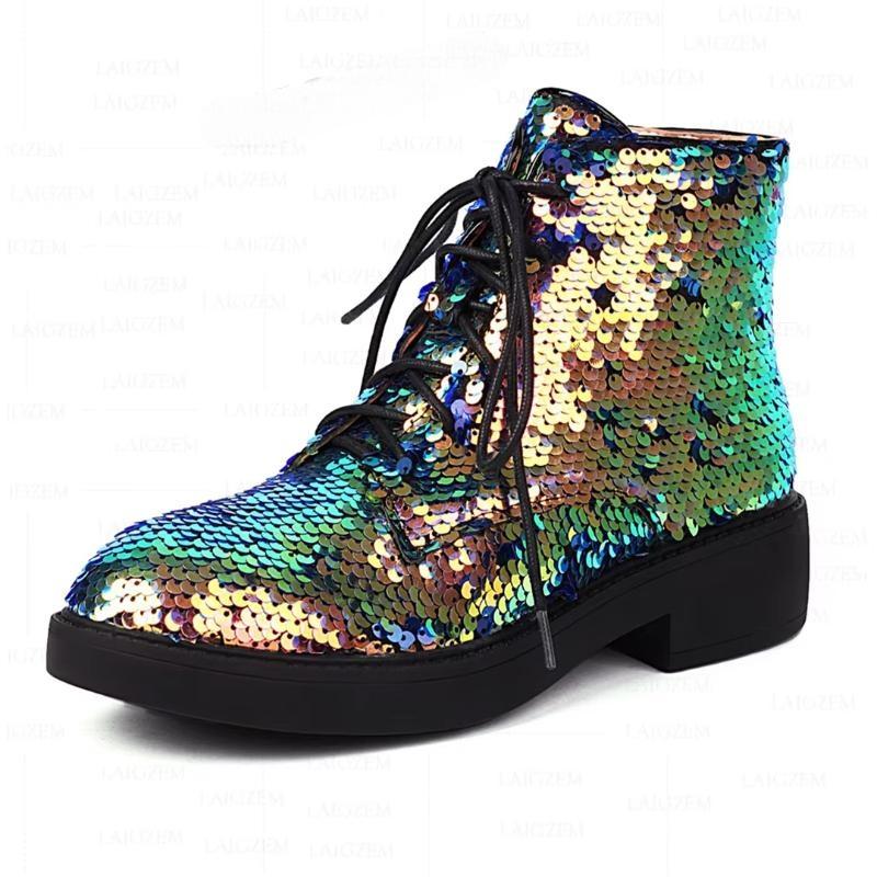 Bling Glitter Round Toe Low Heels Round Toe Short Booties Ladies Shoes