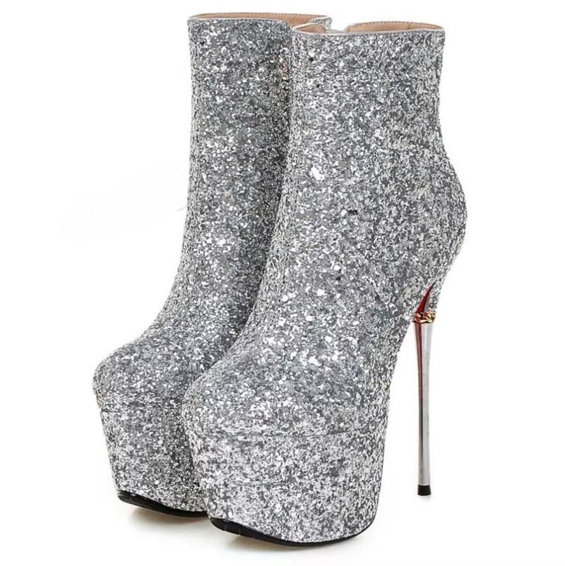 Celebrity Sequined Women Ankle Booties Metal Stiletto Heel Zip Short Boots