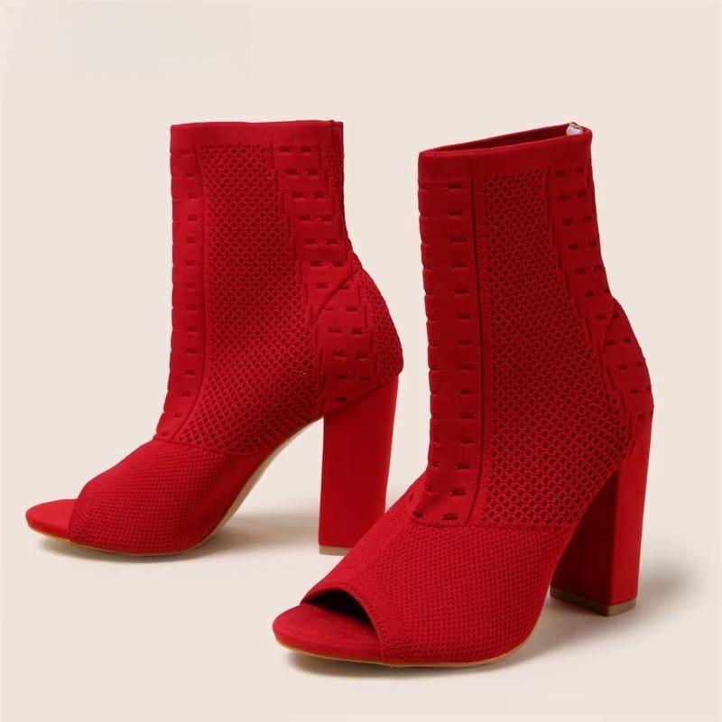 Spring Autumn Fashion Peep Toe  Knitted Stretch Fabric Socks Boots Women Square High Heels