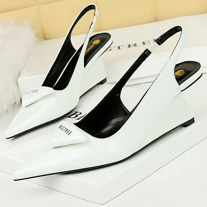 New Wedges Heels Women Patent Leather Woman Pumps Hollow Back Strap Women