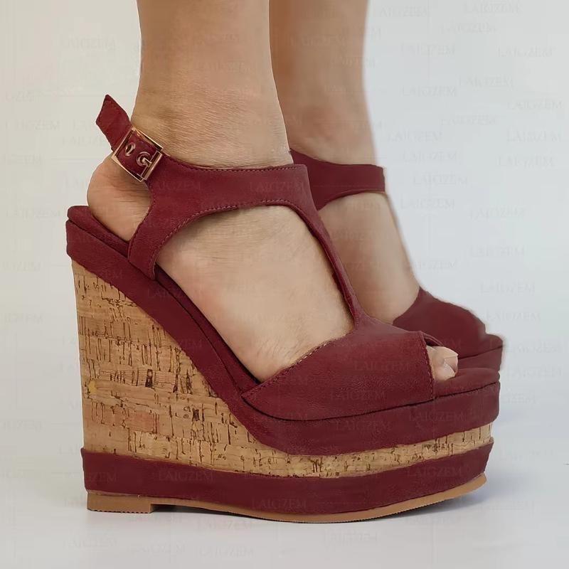 Faux Suede Platform Peep Toe Wedges Pumps Ankle Strap Height Increasing Shoes