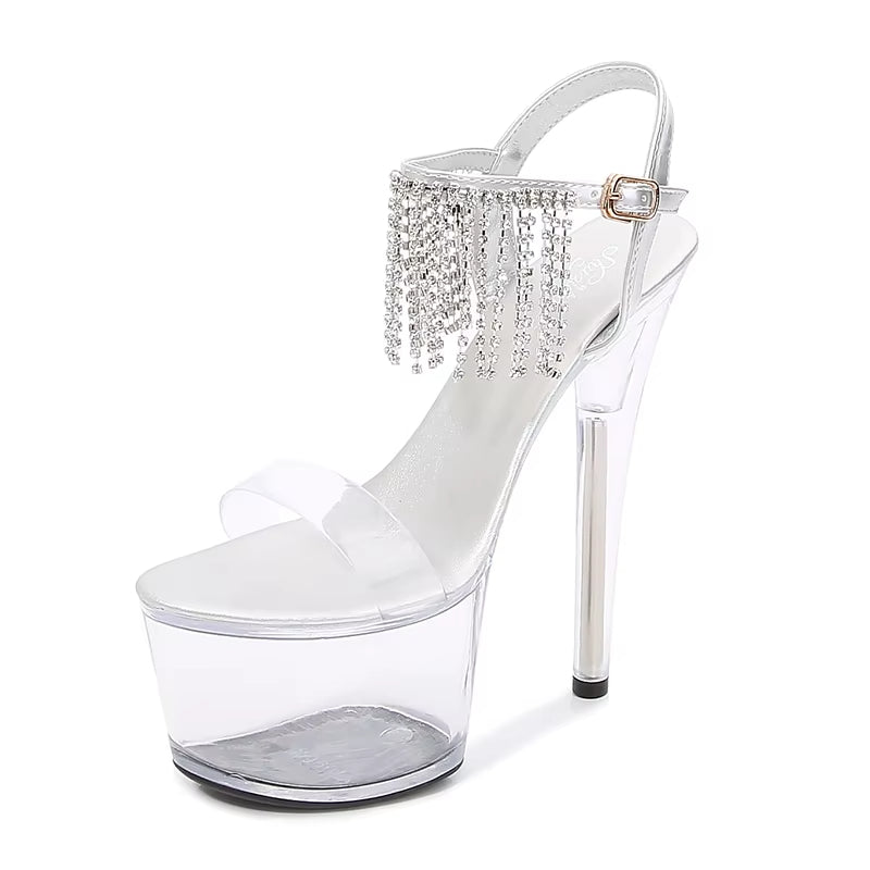 13 15 17cm Thin Heels PVC Sandals female transparent crystal platform bridal shoes women