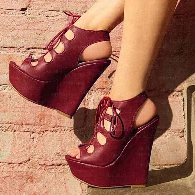 Platform Wedge Lace Up High Heels Sandals Party Pumps Handmade Shoes Woman