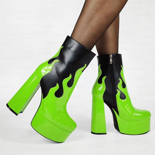 Women  Patchwork Fire Thick High Heels Short Booties