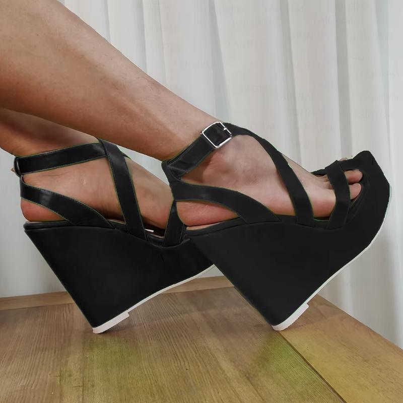 Women Platform Wedges Sandals Faux LeatherAnkle Strap Open Toe High Heels Pumps