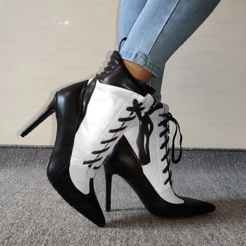 Faux Leather Pointed Toe Faux Leather Thin High Heels Short Boots Ladies Shoes