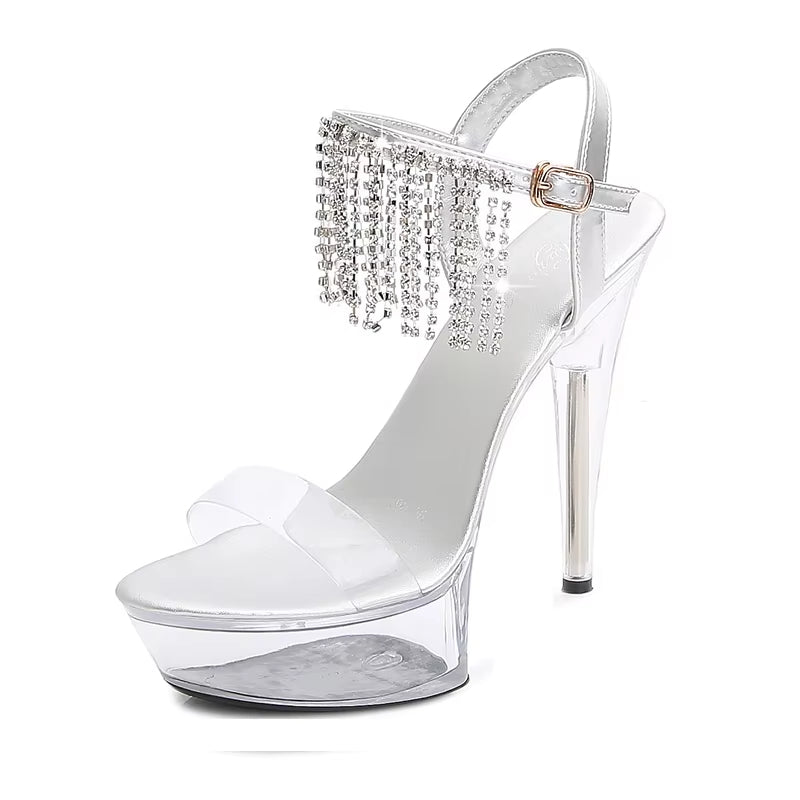 13 15 17cm Thin Heels PVC Sandals female transparent crystal platform bridal shoes women